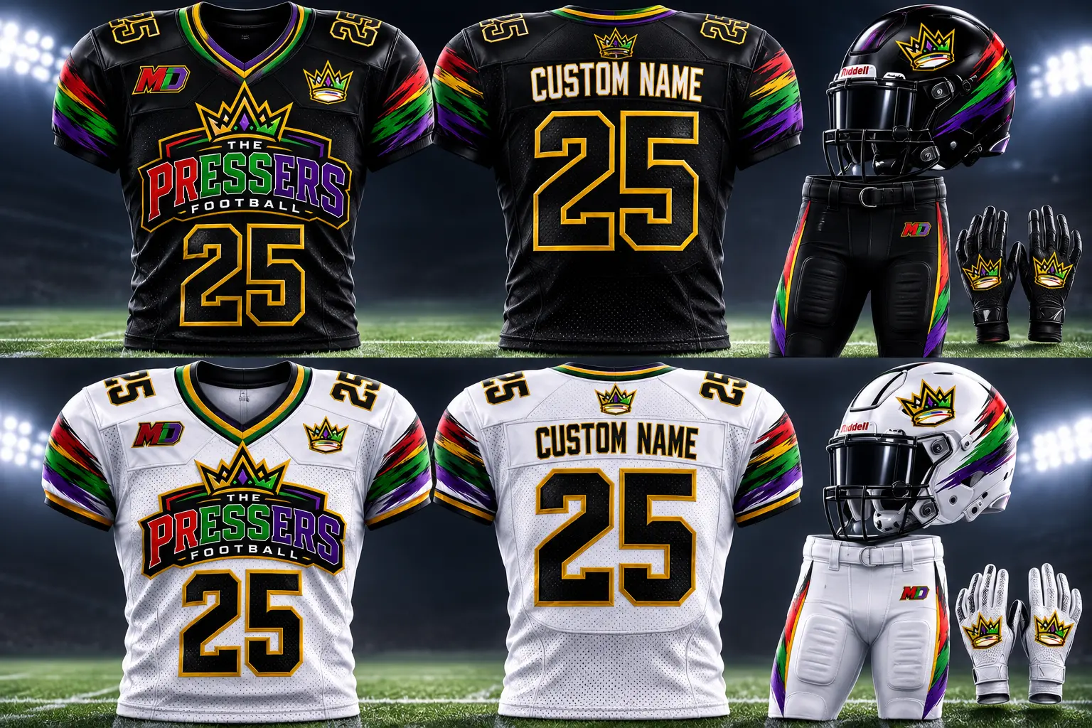 Custom football uniforms with team logo, jersey, helmet, pants, and gloves in home and away colors