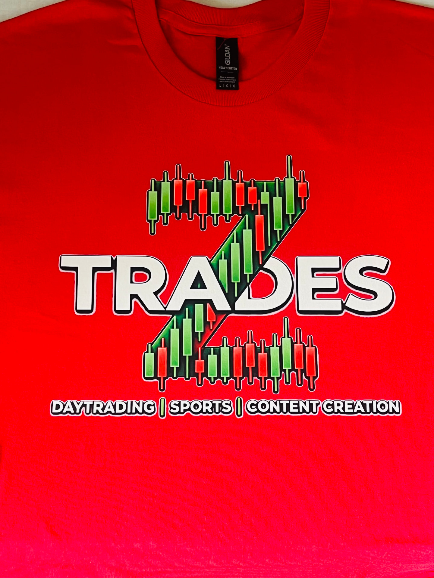 Red t-shirt with a candlestick-chart Z Trades logo print