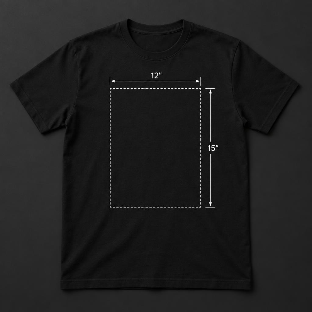 Black t-shirt mockup showing a 12" wide by 15" tall print area